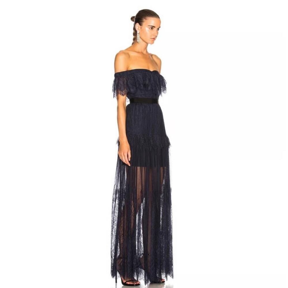 SELF PORTRAIT Women’s Navy Blue Lace On/Off the Shoulder Maxi Dress